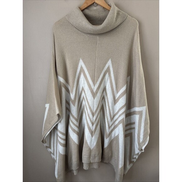 Ava & VIV Accessories - Ava & Vic Women’s Beige Brown Zigzag Turtleneck Poncho One Size Knit Cozy